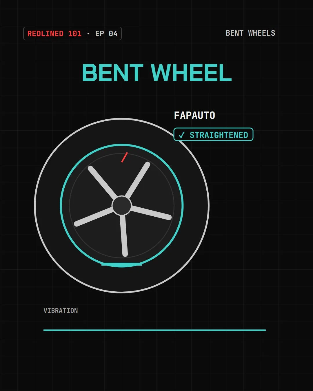 A wheel marked straightened and crack welded, with the vibration trace now flat.