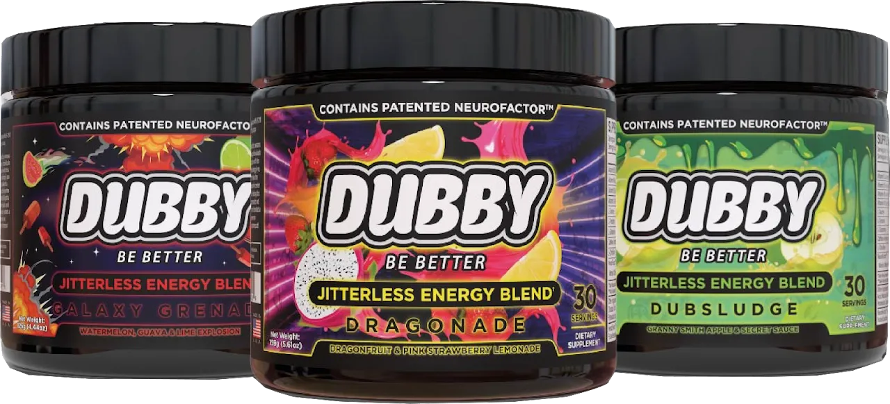 Three tubs of DUBBY energy drink mix