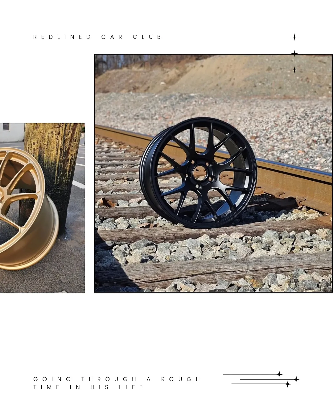 A black mesh-style wheel standing on railroad tracks