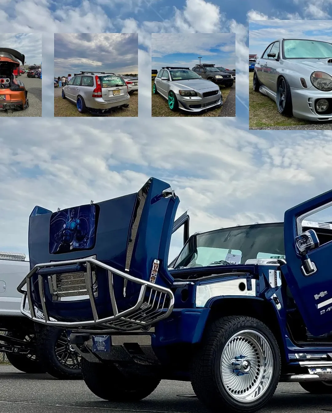 A blue Hummer H2 with its doors raised