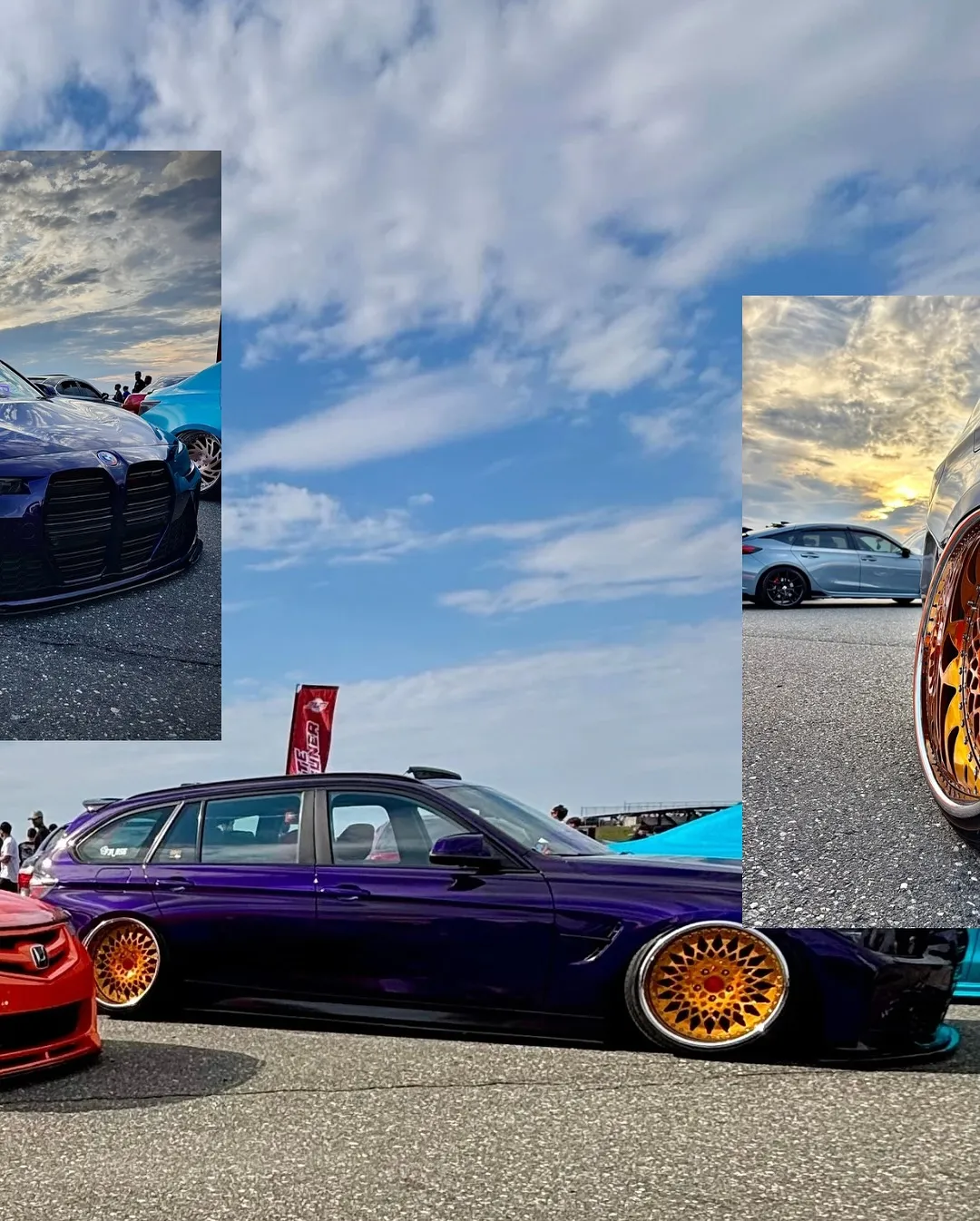 An orange Honda wagon with a roof box beside a purple wagon on gold wheels