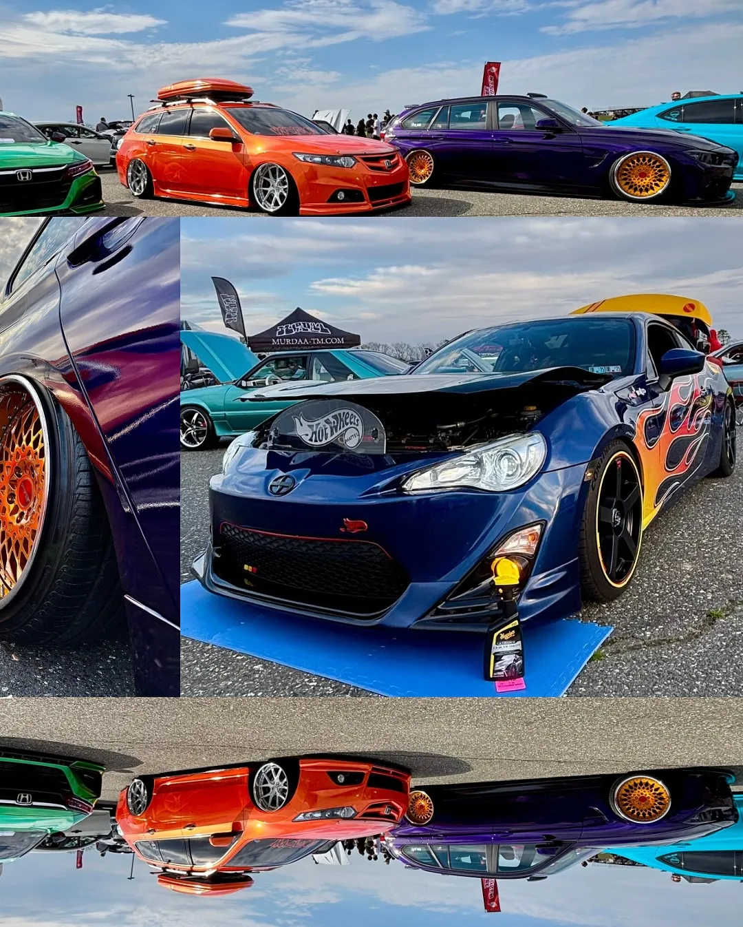 A bronze mesh wheel and a blue Scion FR-S with flame graphics