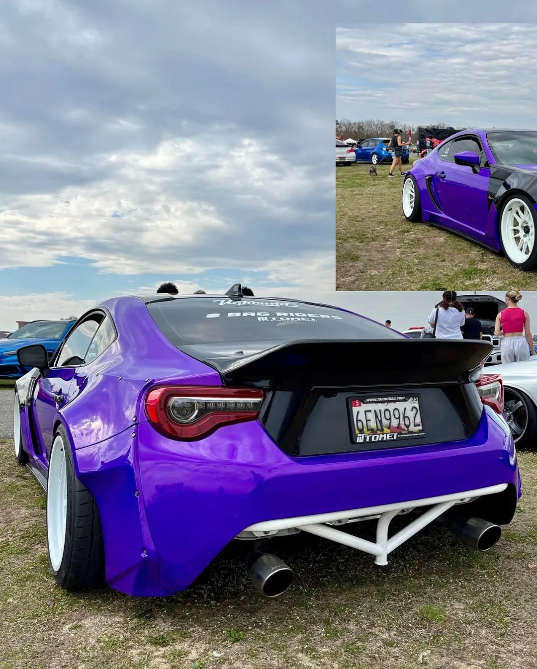 A purple widebody Toyota 86 with a large rear wing