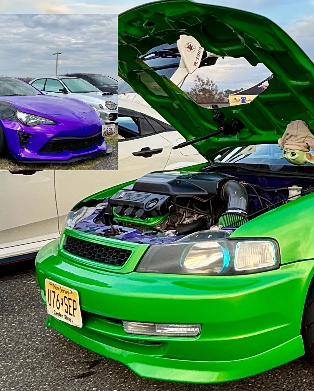 A green Honda Civic hatchback with the hood up and purple wheels
