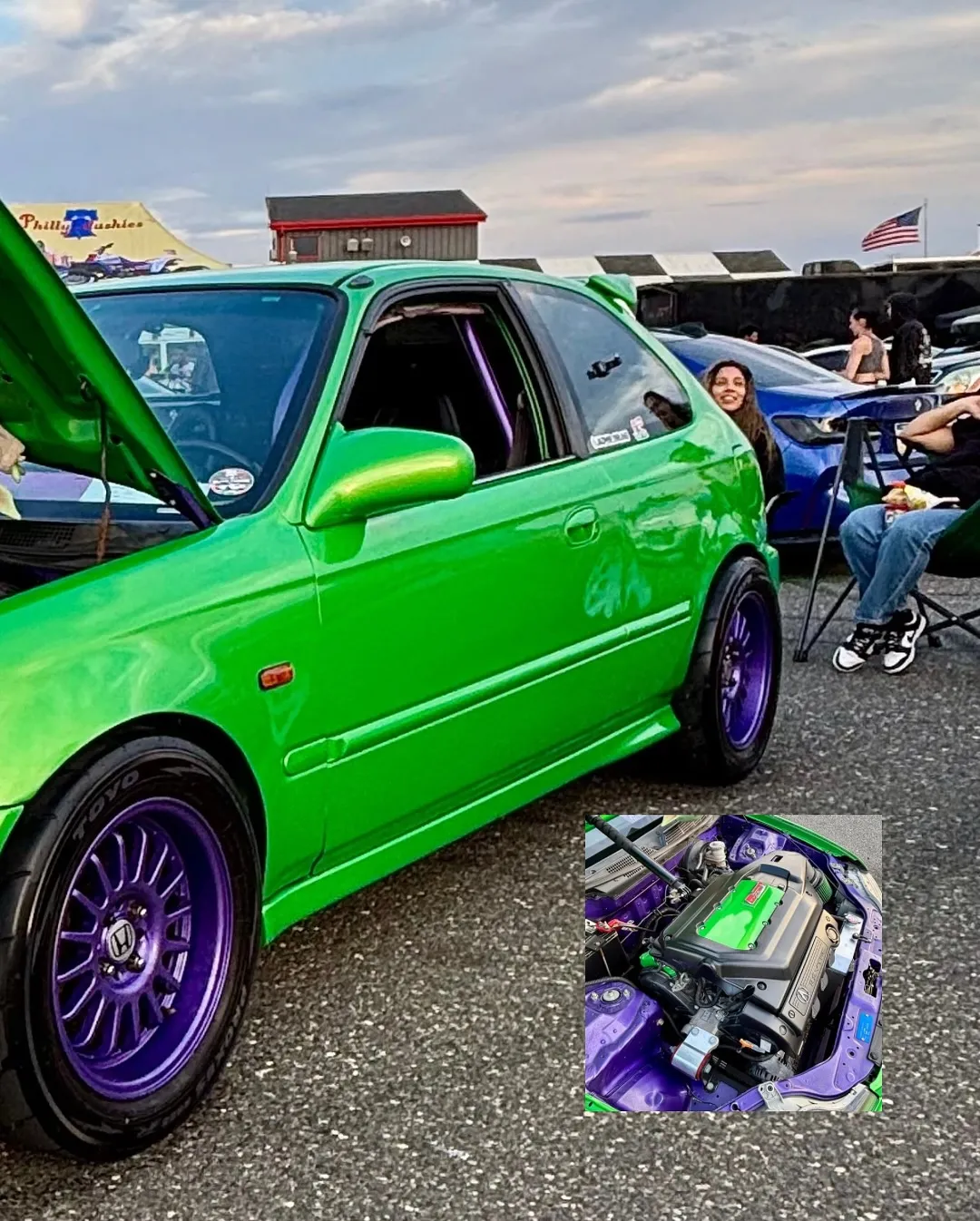 The green Civic's engine bay and more cars on the lot