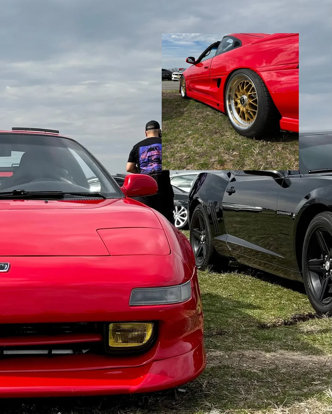 The red MR2 and a red coupe on gold wheels
