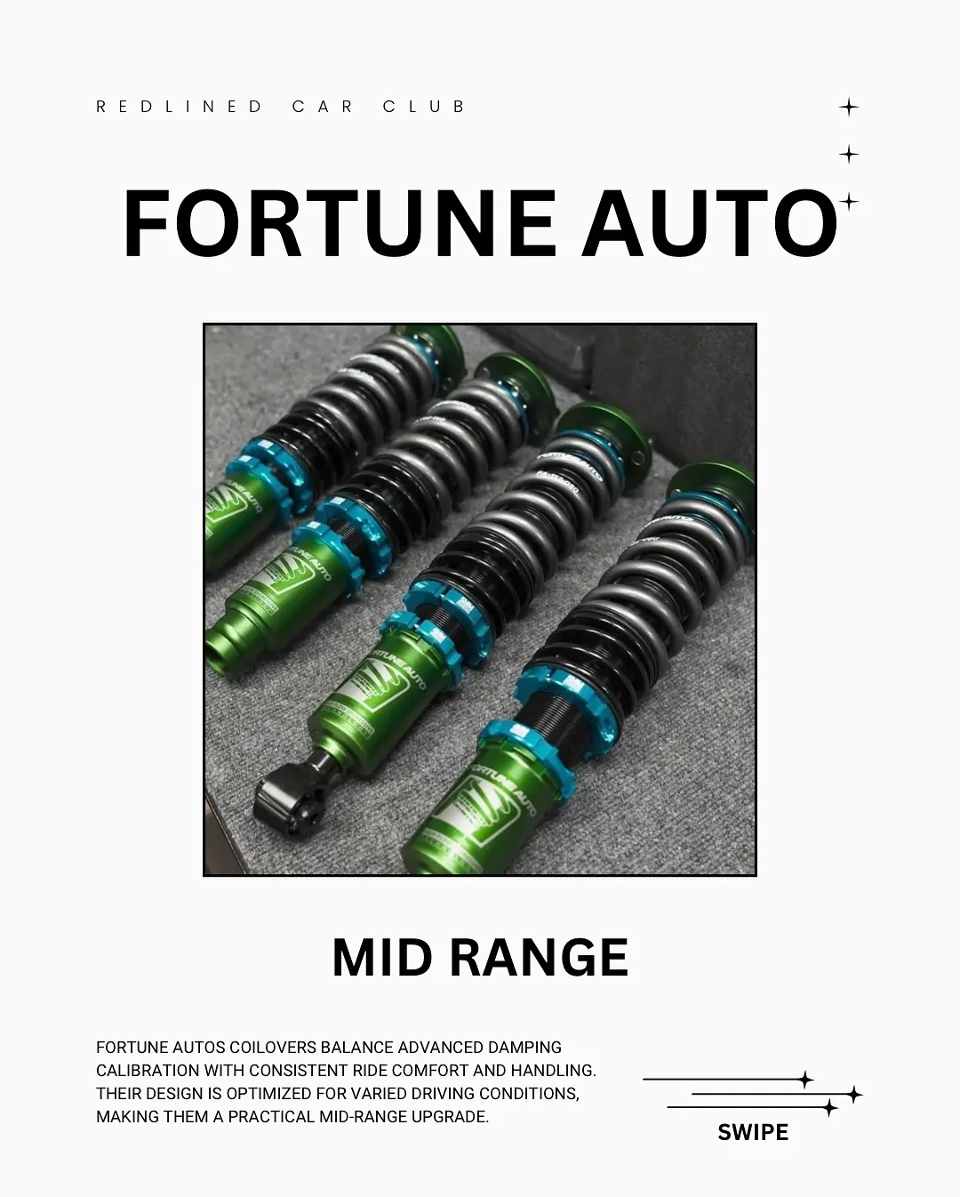 A set of four Fortune Auto coilovers with green bodies and blue collars