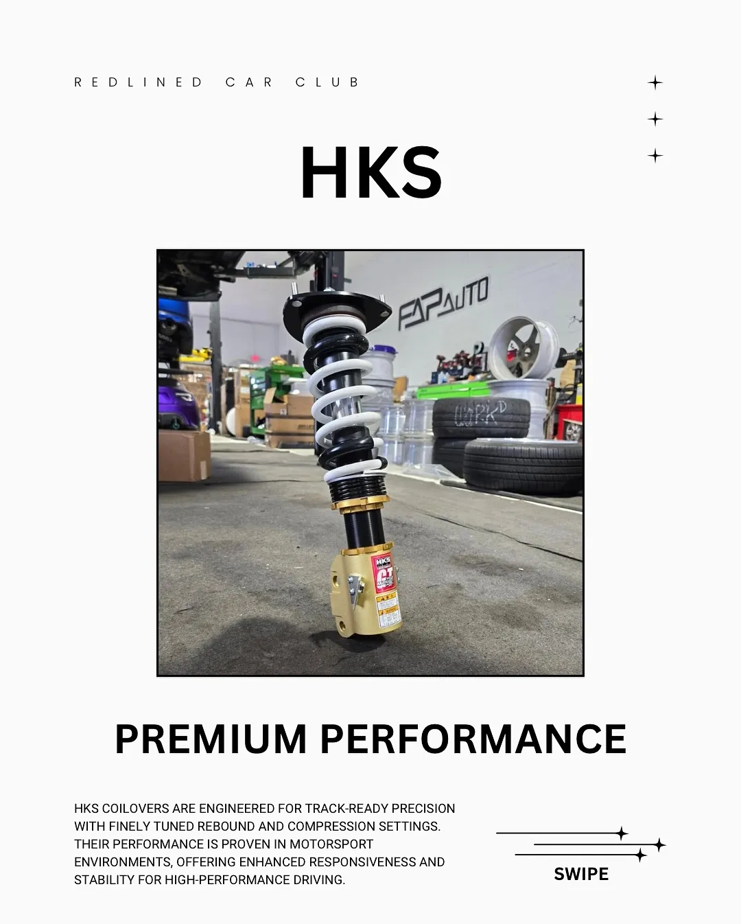 An HKS coilover standing in the FAPAUTO shop