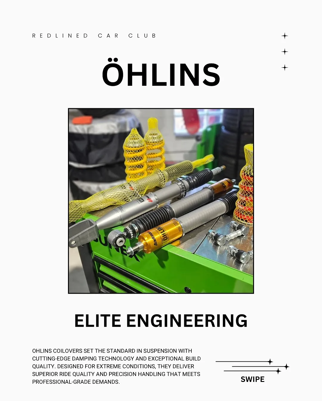 Öhlins coilovers with gold adjusters on a workbench
