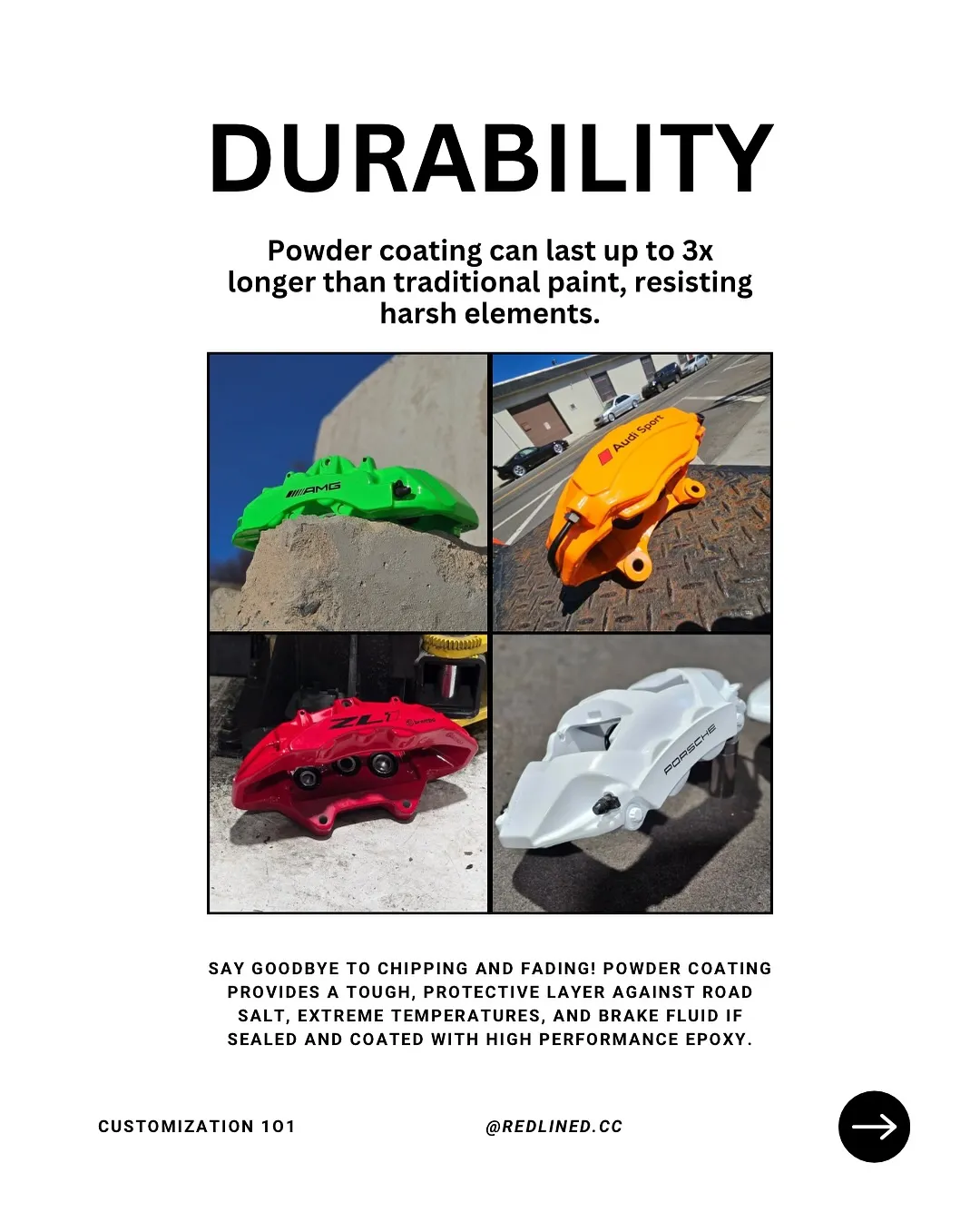 Powder-coated calipers in green, orange, red and white