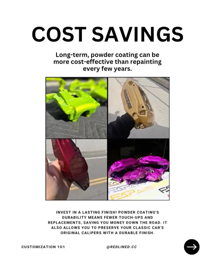 Lime green, gold, red and purple powder-coated calipers